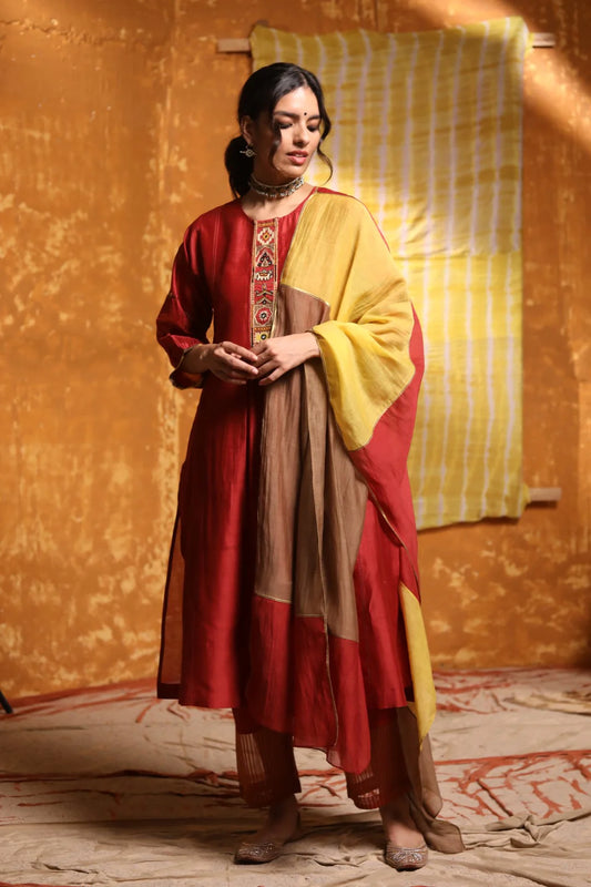 MAROON TRIBAL PLACKET KALI KURTA WITH PANTS & DUPATTA