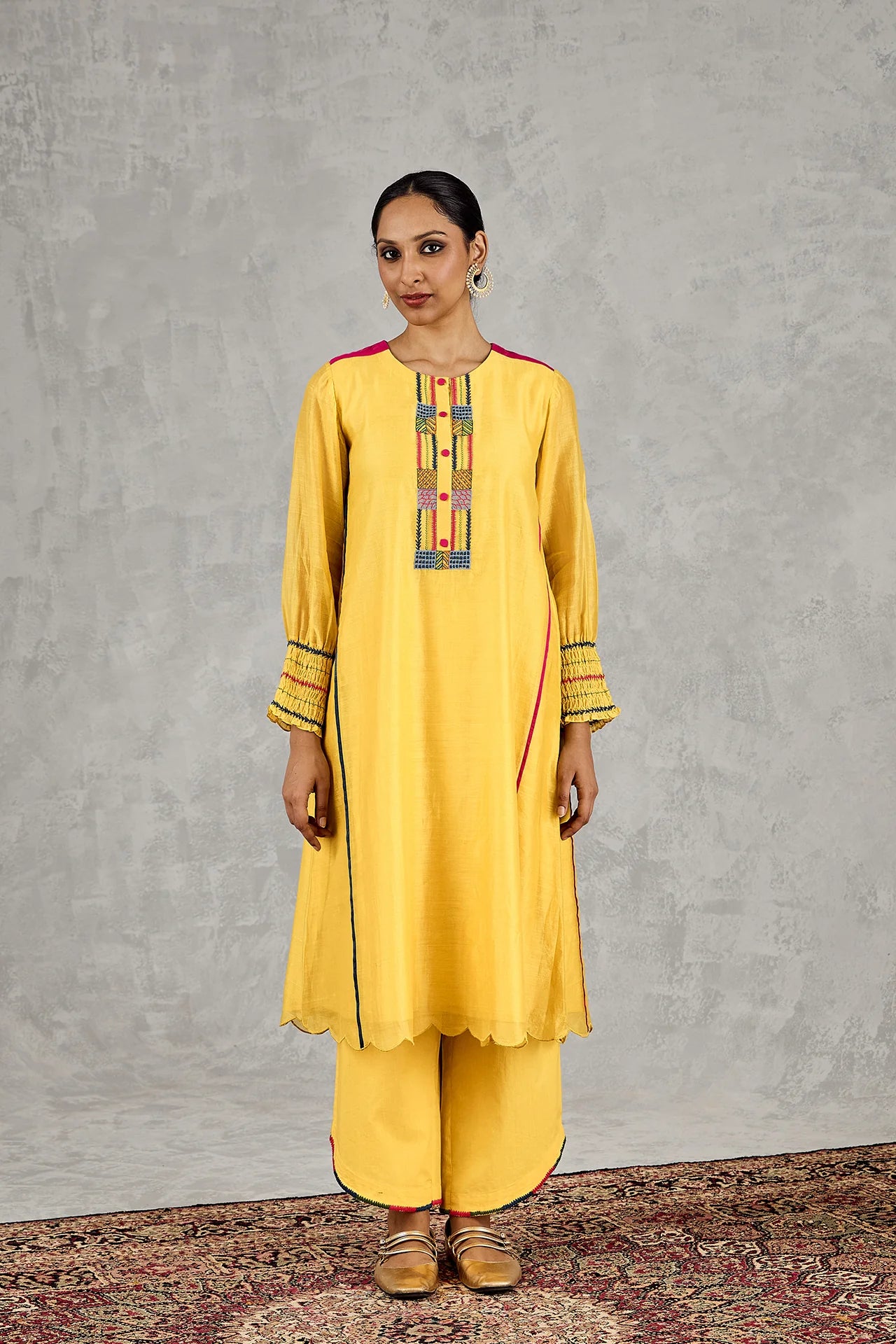 YELLOW BEAD EMBROIDERY KURTA SET