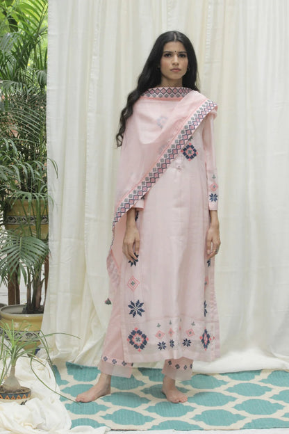 BABY PINK CHANDERI AZTEC EMBROIDERED KALI