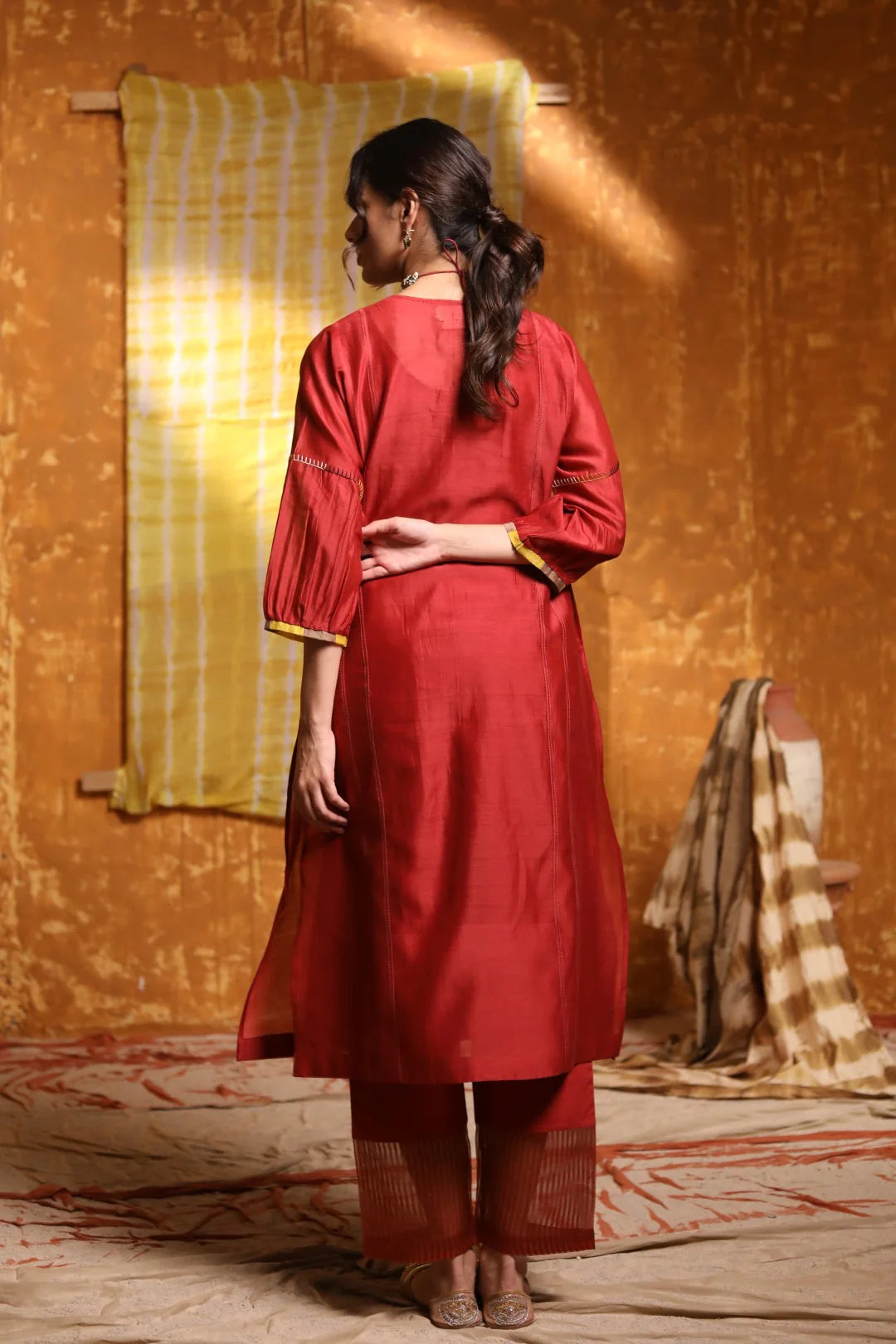 MAROON TRIBAL PLACKET KALI KURTA WITH PANTS & DUPATTA