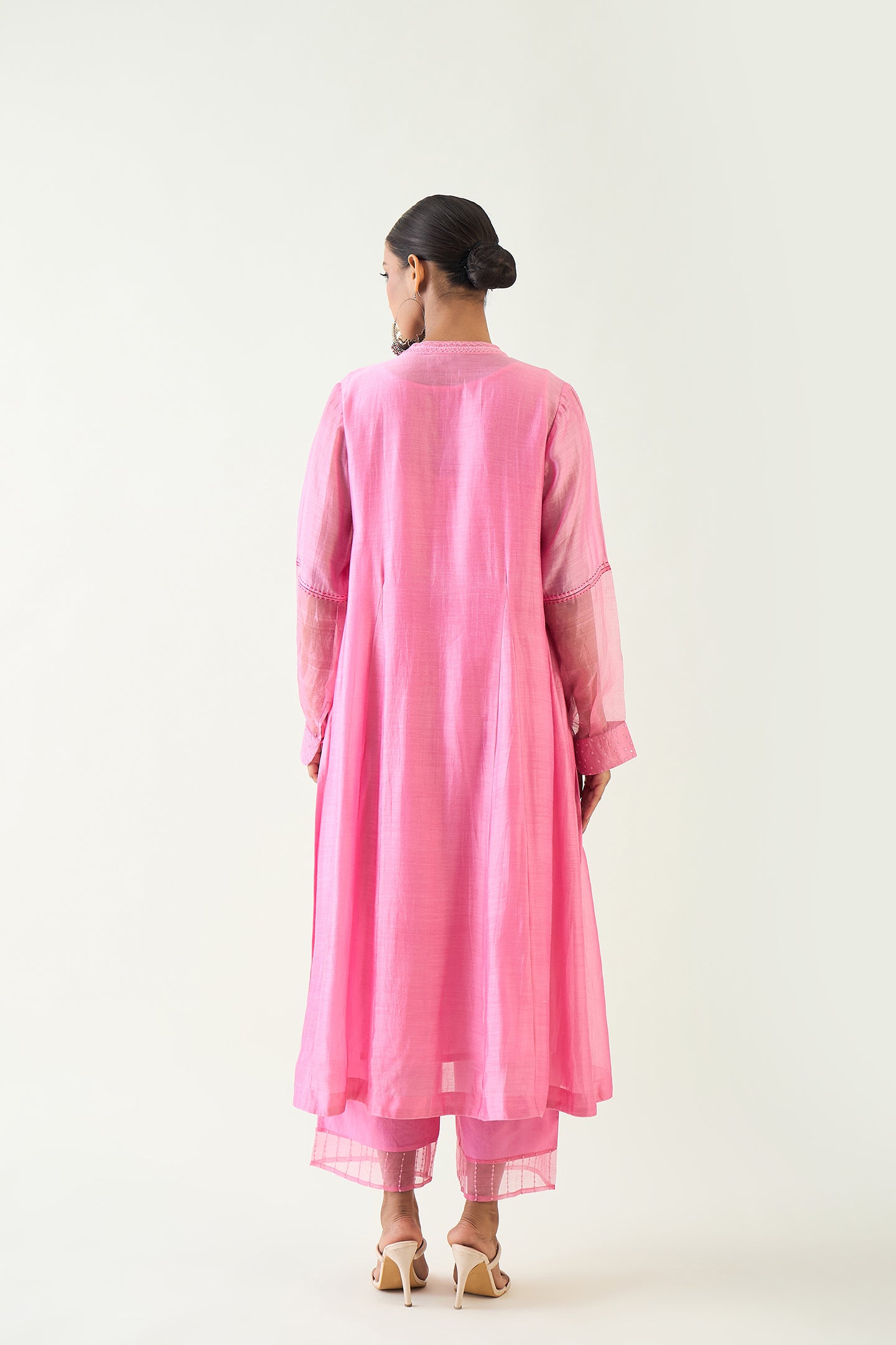 URVI: EMBROIDERED SIDE GATHER KURTA SET - CANDY PINK