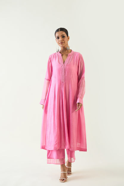 URVI: EMBROIDERED SIDE GATHER KURTA SET - CANDY PINK