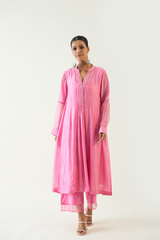 URVI: EMBROIDERED SIDE GATHER KURTA SET - CANDY PINK