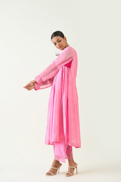 URVI: EMBROIDERED SIDE GATHER KURTA SET - CANDY PINK