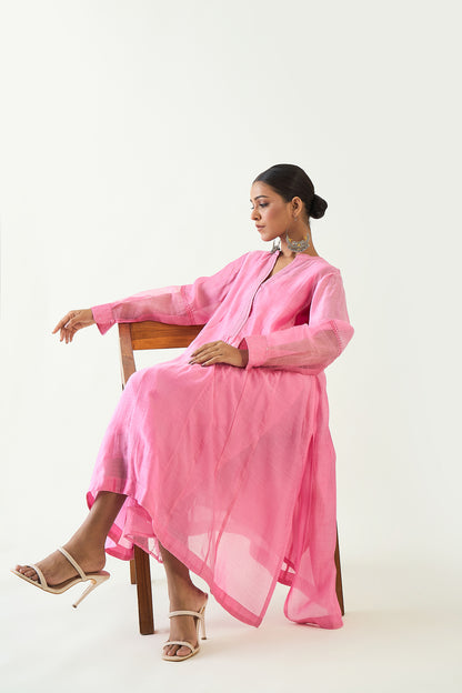 URVI: EMBROIDERED SIDE GATHER KURTA SET - CANDY PINK