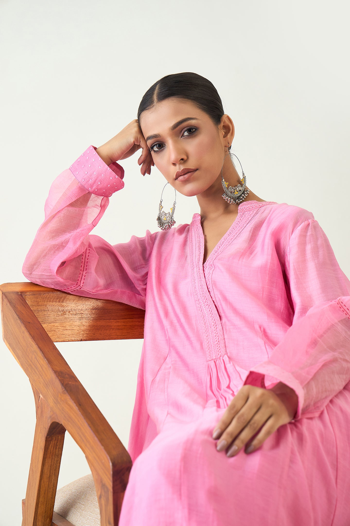 URVI: EMBROIDERED SIDE GATHER KURTA SET - CANDY PINK
