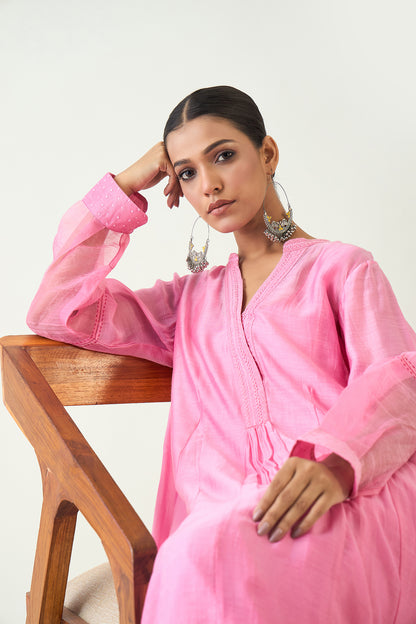 URVI: EMBROIDERED SIDE GATHER KURTA SET - CANDY PINK