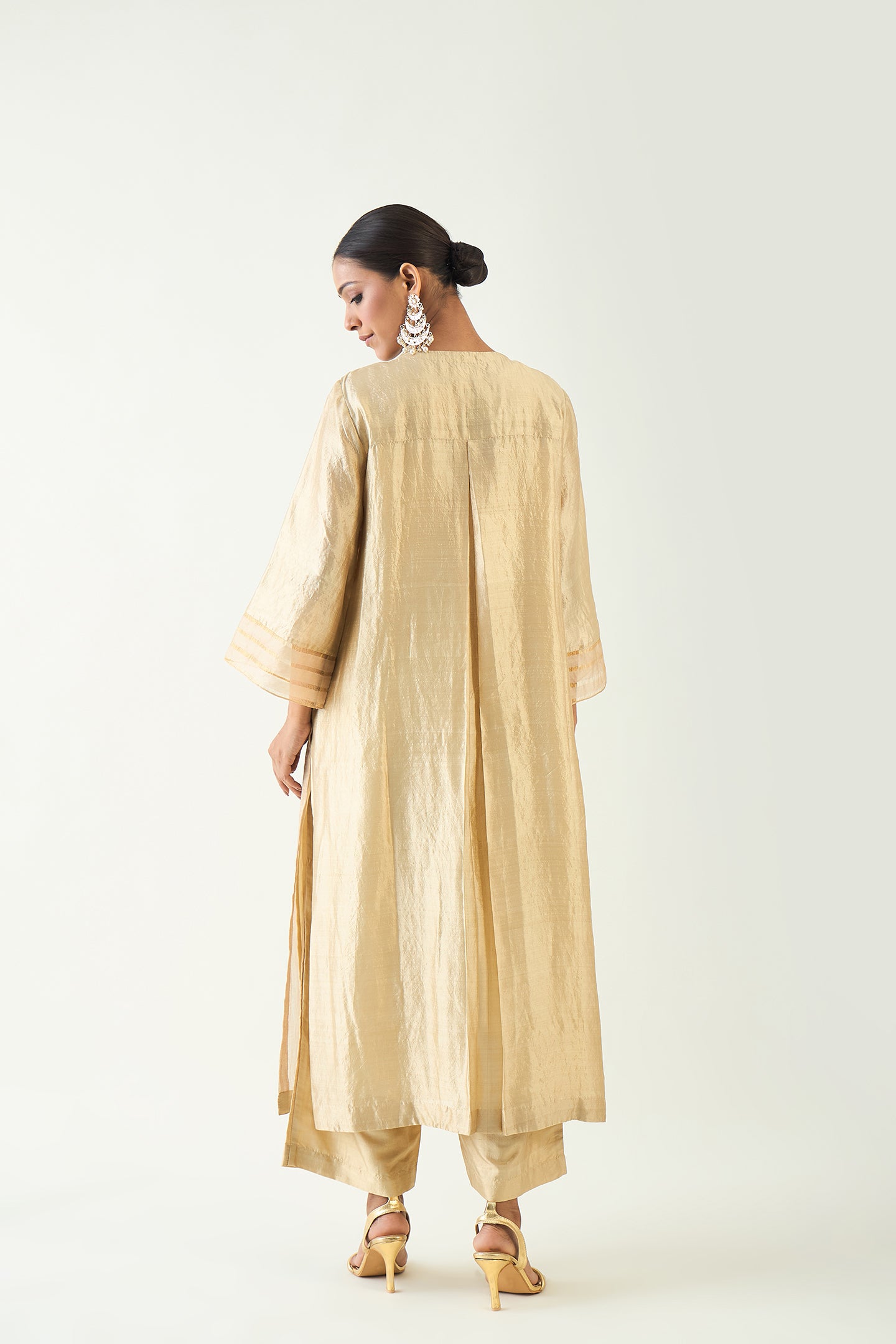 KAYA: ZARI STRIPE AND SILK PATCH KURTA SET - BEIGE