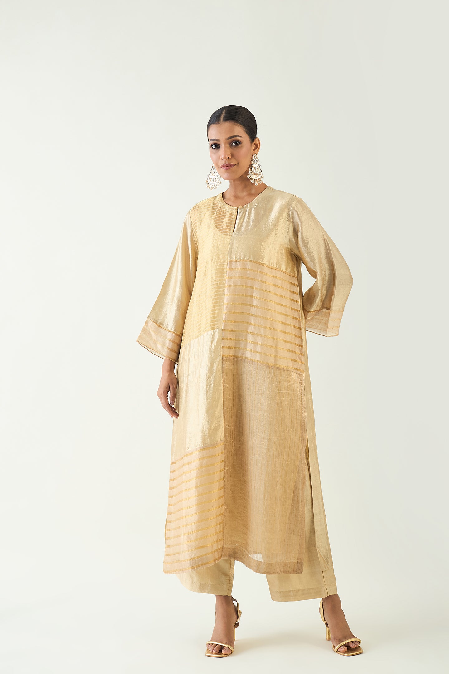 KAYA: ZARI STRIPE AND SILK PATCH KURTA SET - BEIGE
