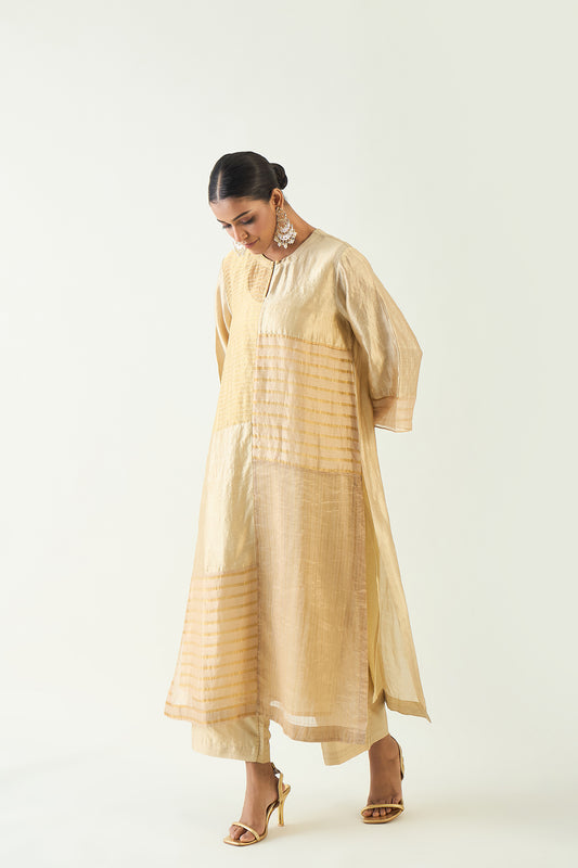 KAYA: ZARI STRIPE AND SILK PATCH KURTA SET - BEIGE