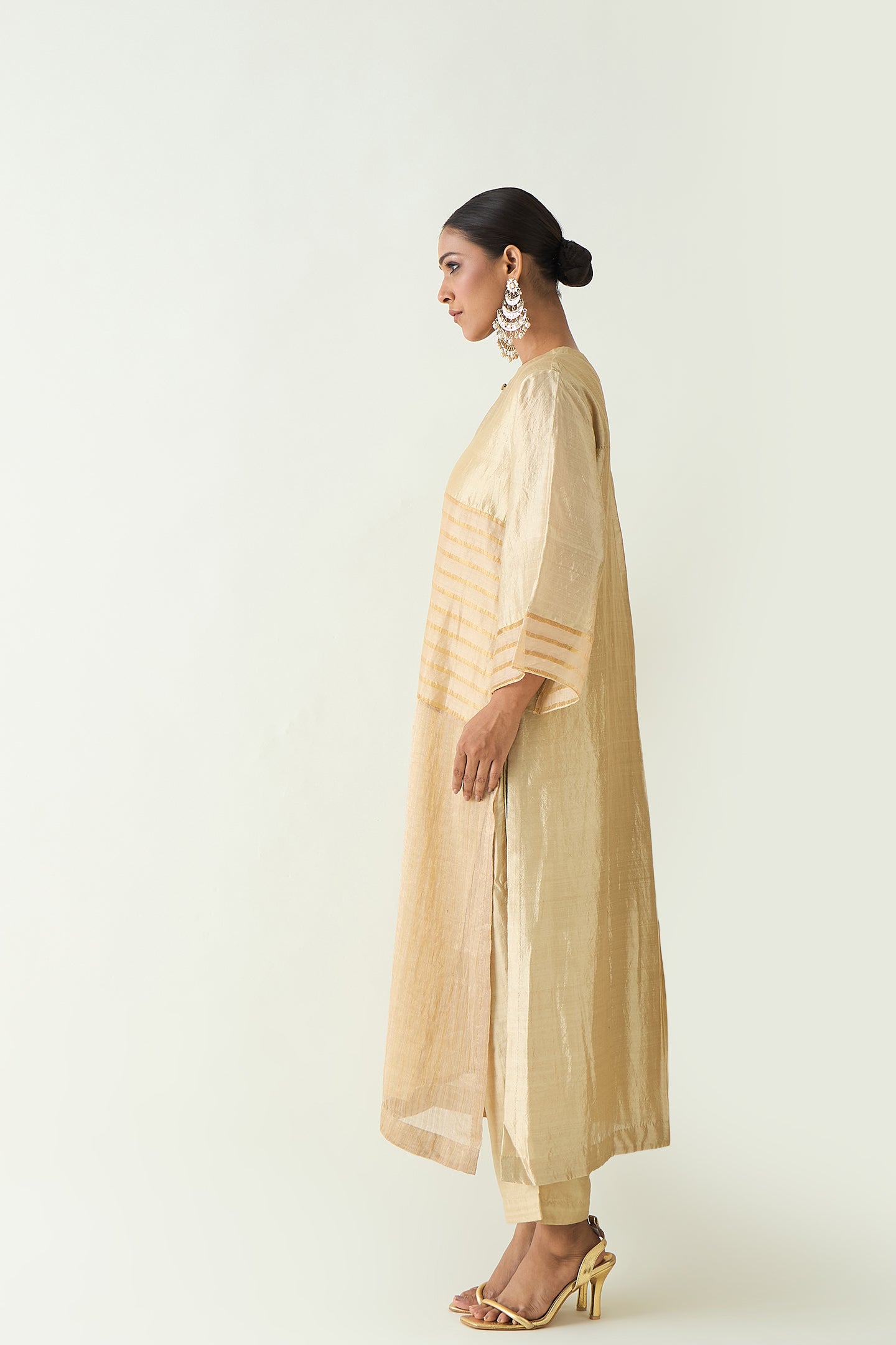 KAYA: ZARI STRIPE AND SILK PATCH KURTA SET - BEIGE