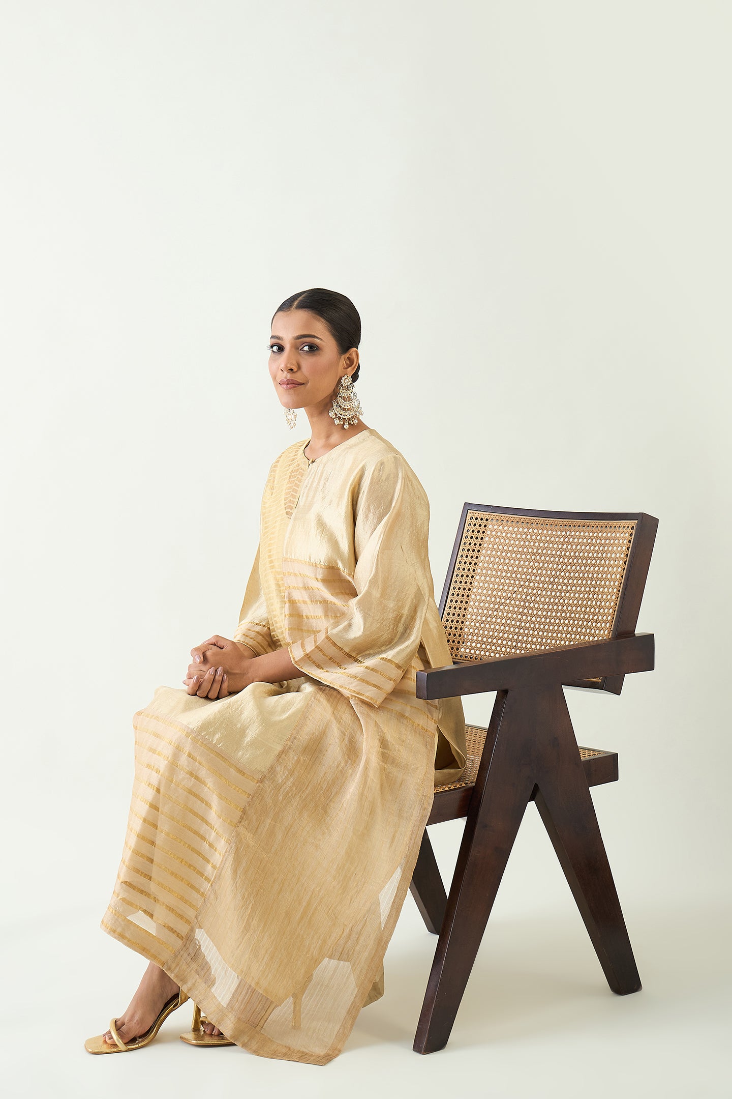 KAYA: ZARI STRIPE AND SILK PATCH KURTA SET - BEIGE