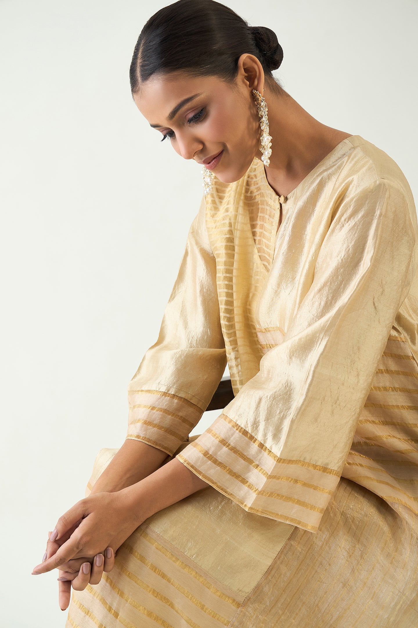 KAYA: ZARI STRIPE AND SILK PATCH KURTA SET - BEIGE