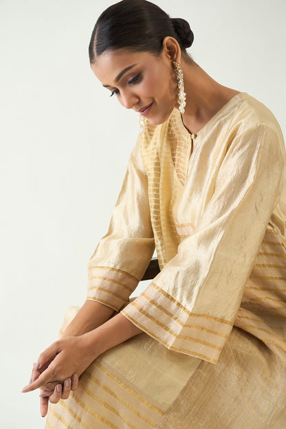 KAYA: ZARI STRIPE AND SILK PATCH KURTA SET - BEIGE