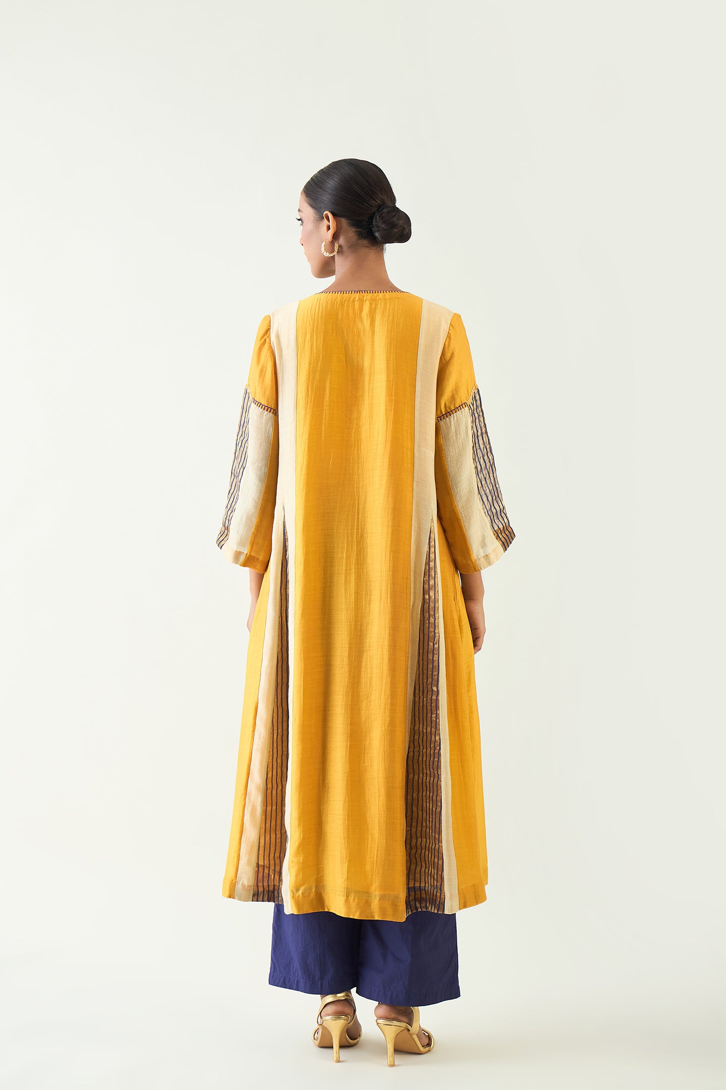 ISHA: COTTON SILK KALI KURTA SET- MUSTARD AND PURPLE