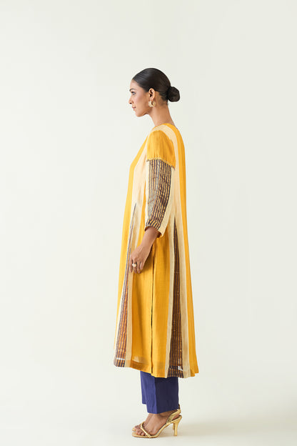 ISHA: COTTON SILK KALI KURTA SET- MUSTARD AND PURPLE