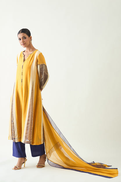 ISHA: COTTON SILK KALI KURTA SET- MUSTARD AND PURPLE
