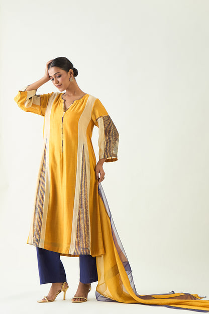ISHA: COTTON SILK KALI KURTA SET- MUSTARD AND PURPLE