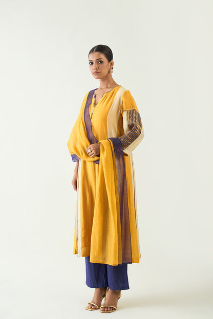 ISHA: COTTON SILK KALI KURTA SET- MUSTARD AND PURPLE