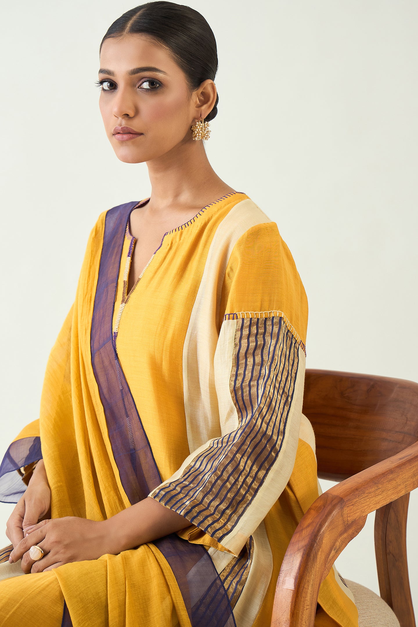 ISHA: COTTON SILK KALI KURTA SET- MUSTARD AND PURPLE
