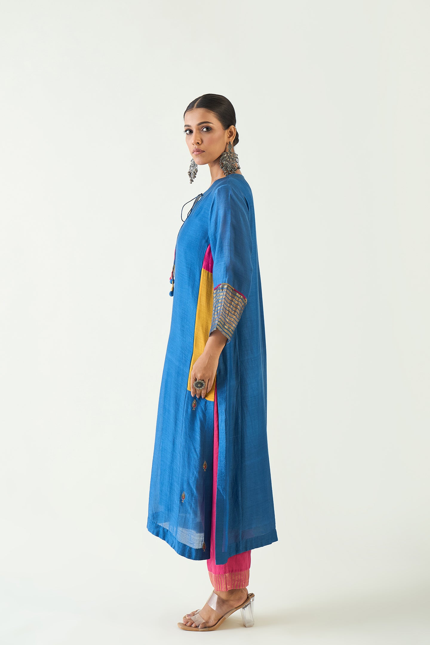 LEELA: COTTON SILK CYPRESS CHOGA SET - BLUE AND PINK