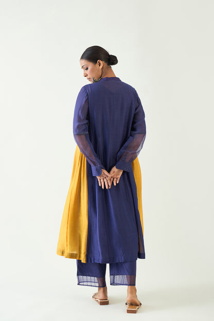 URVI: EMBROIDERED SIDE GATHER KURTA SET - PURPLE AND MUSTARD