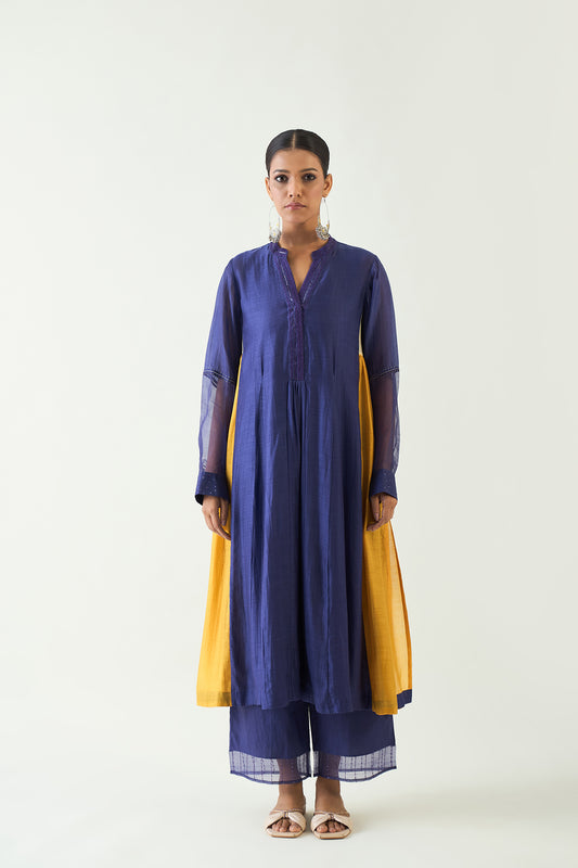 URVI: EMBROIDERED SIDE GATHER KURTA SET - PURPLE AND MUSTARD