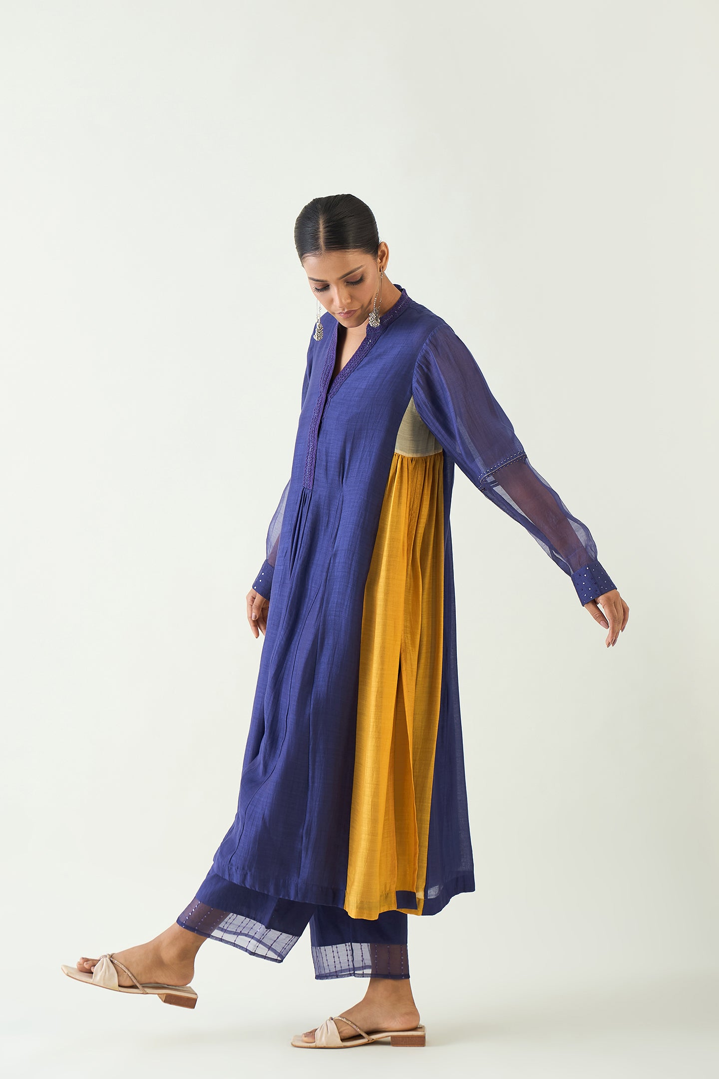 URVI: EMBROIDERED SIDE GATHER KURTA SET - PURPLE AND MUSTARD