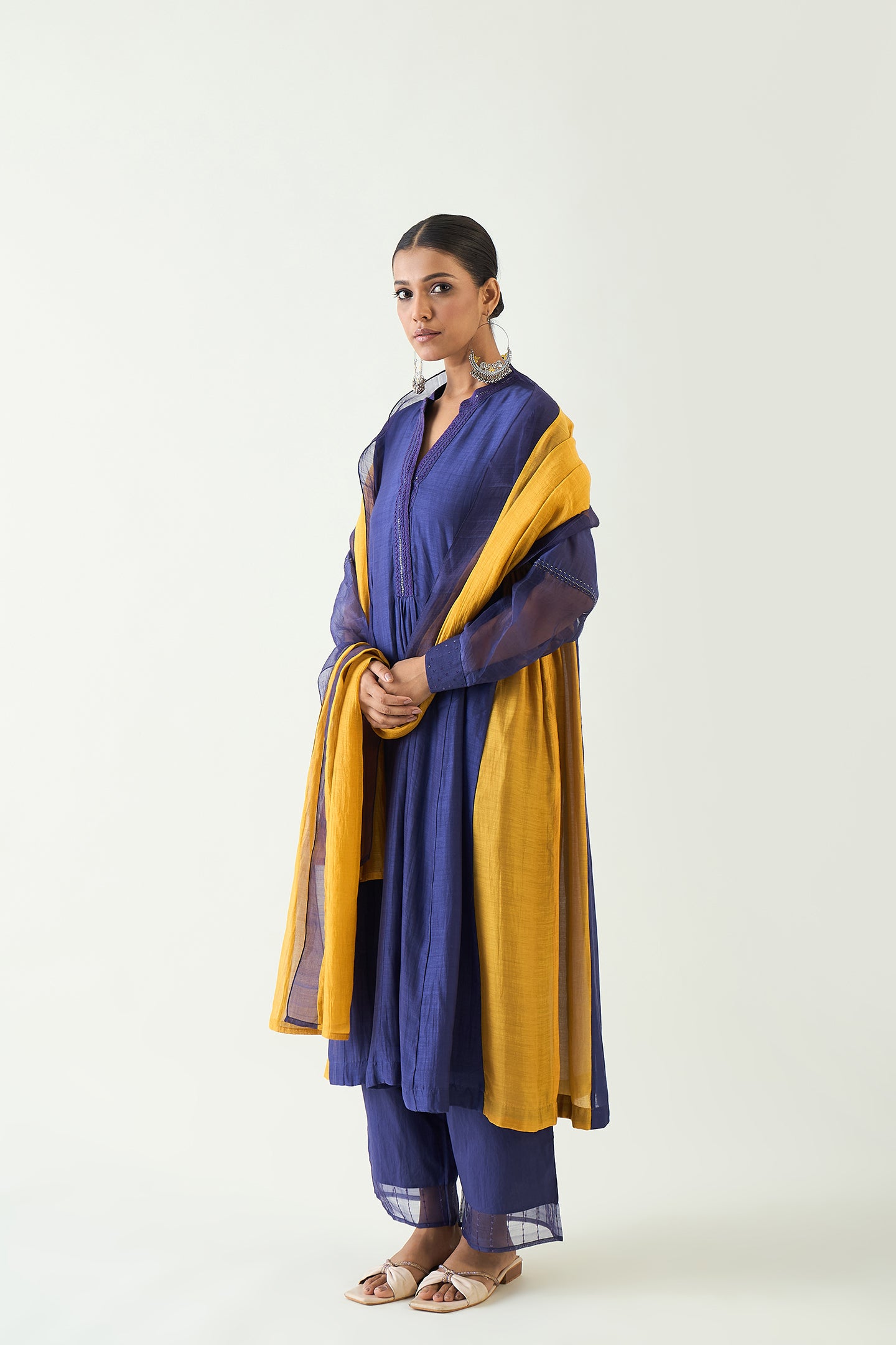 URVI: EMBROIDERED SIDE GATHER KURTA SET - PURPLE AND MUSTARD