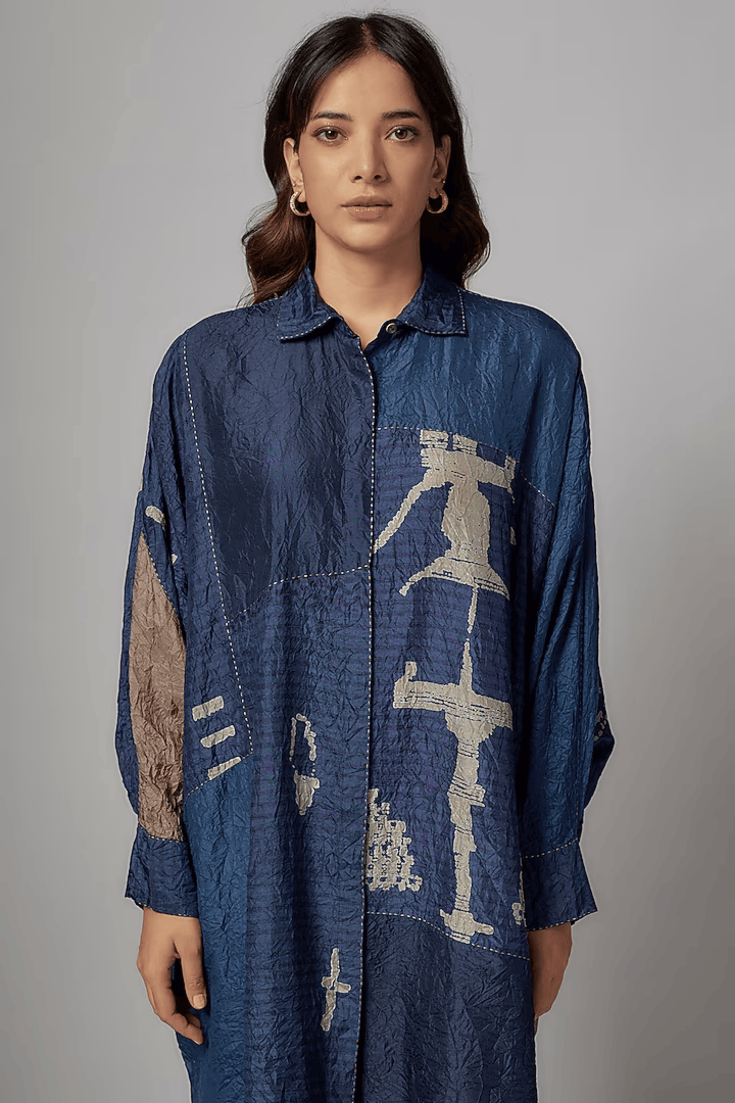 DARK INDIGO MULBERRY SILK MOROCCAN PRINTED LONG SHIRT