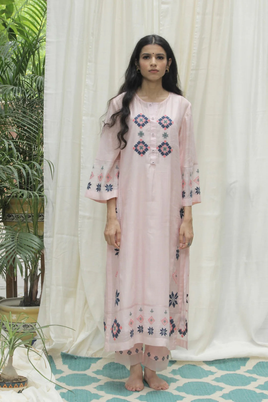 BABY PINK CHANDERI AZTEC EMBROIDERED KALI