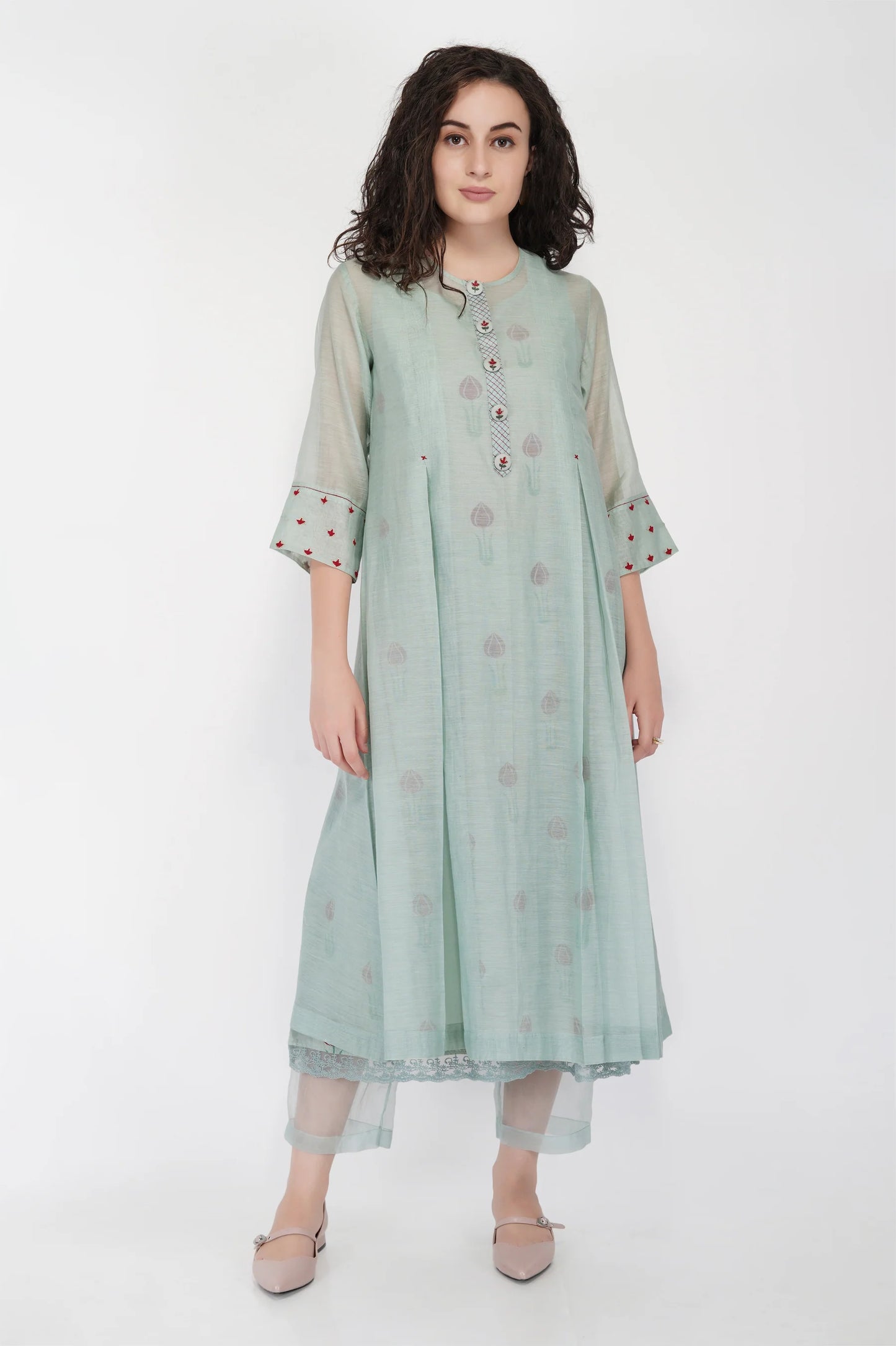 SAAWAN- SAGE GREEN BOX PLEAT WITH BUTTON EMBROIDERY