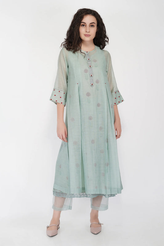 SAAWAN- SAGE GREEN BOX PLEAT WITH BUTTON EMBROIDERY