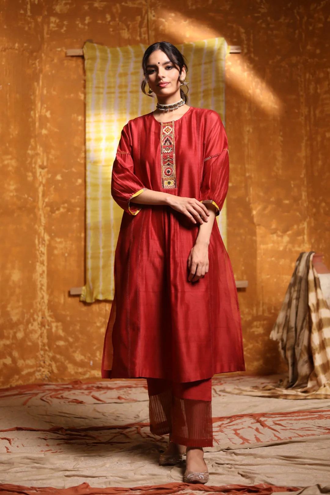 MAROON TRIBAL PLACKET KALI KURTA WITH PANTS & DUPATTA