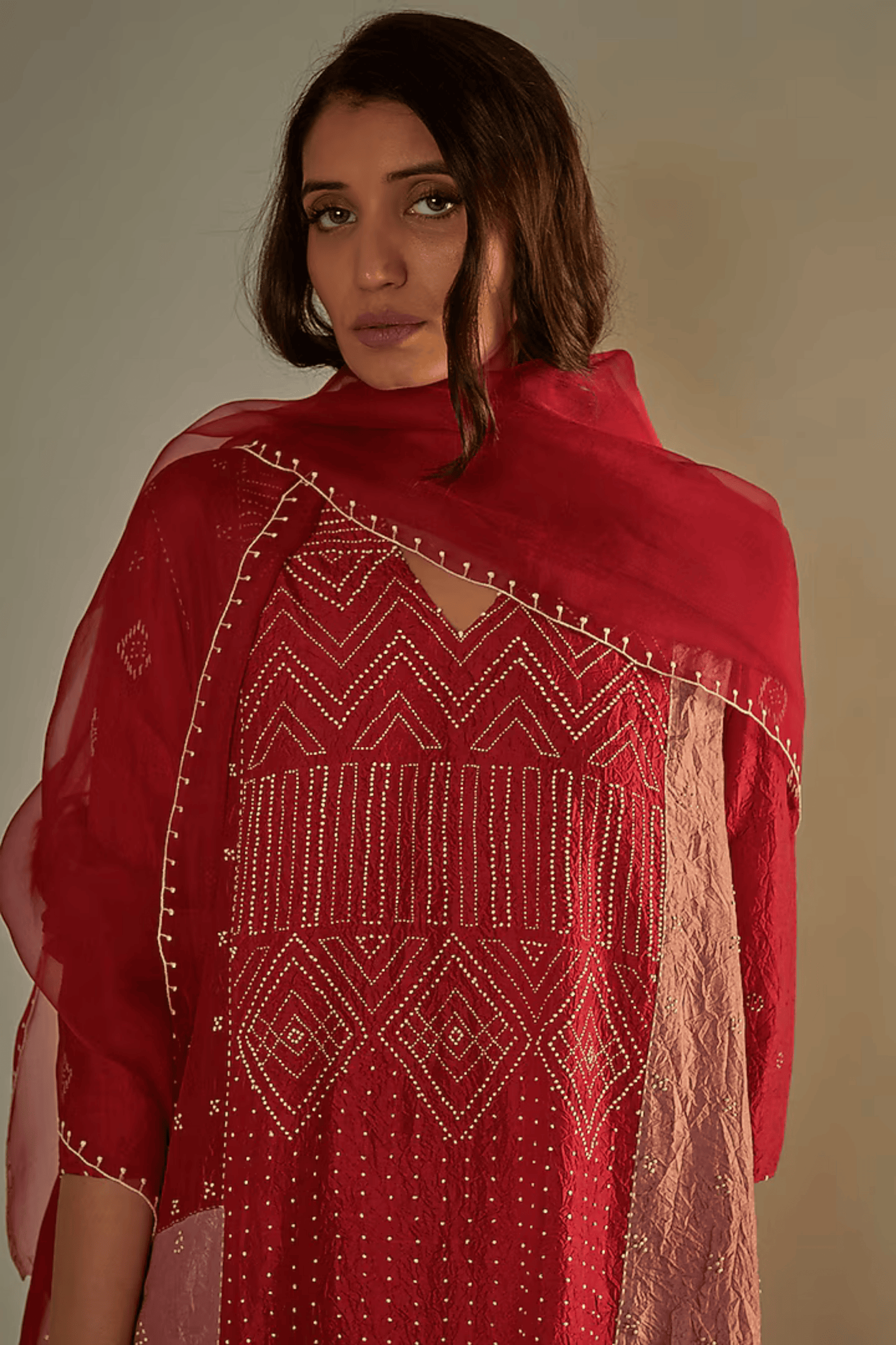 RED MULBERRY SILK HAND EMBROIDERED KURTA SET