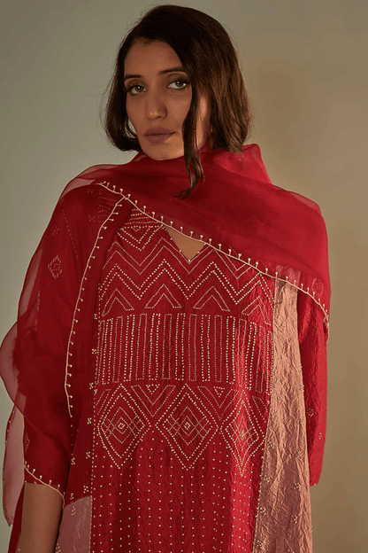 RED MULBERRY SILK HAND EMBROIDERED KURTA SET
