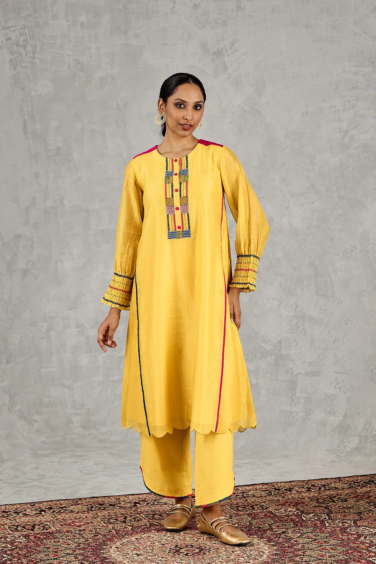 YELLOW BEAD EMBROIDERY KURTA SET