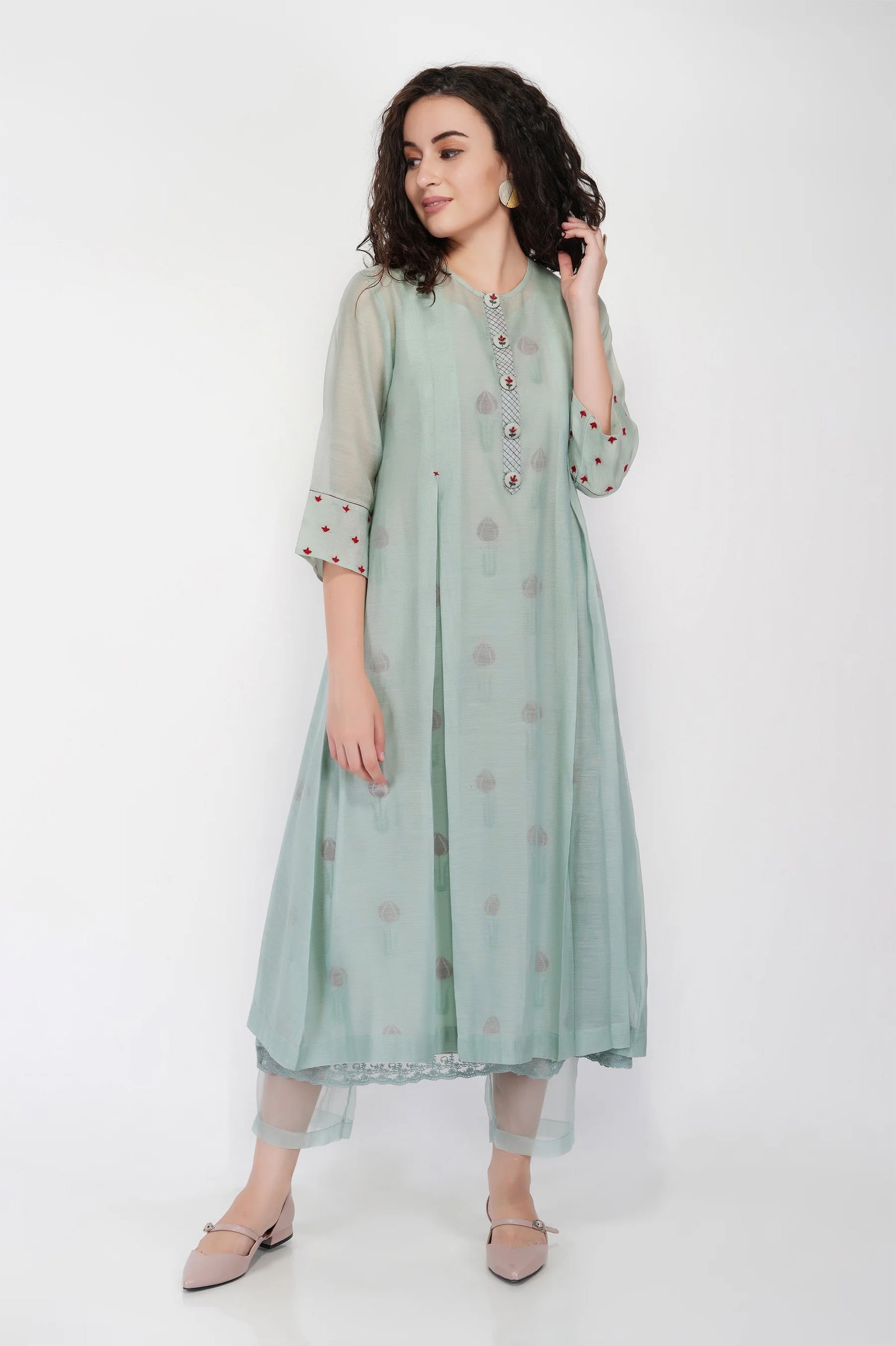 SAAWAN- SAGE GREEN BOX PLEAT WITH BUTTON EMBROIDERY
