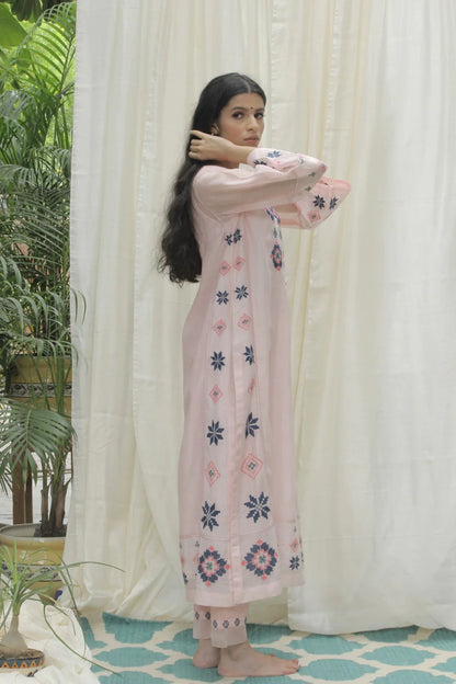 BABY PINK CHANDERI AZTEC EMBROIDERED KALI