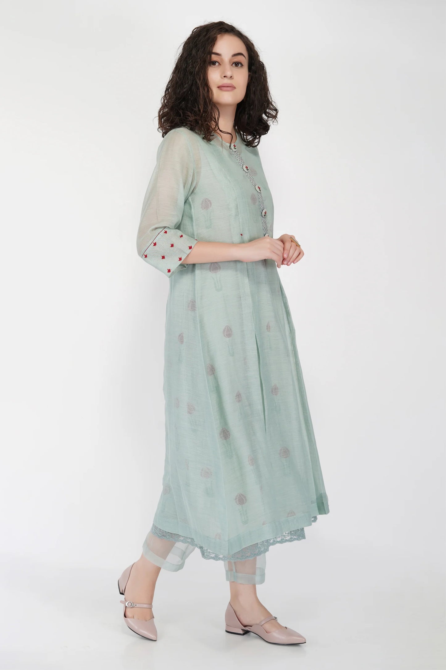 SAAWAN- SAGE GREEN BOX PLEAT WITH BUTTON EMBROIDERY