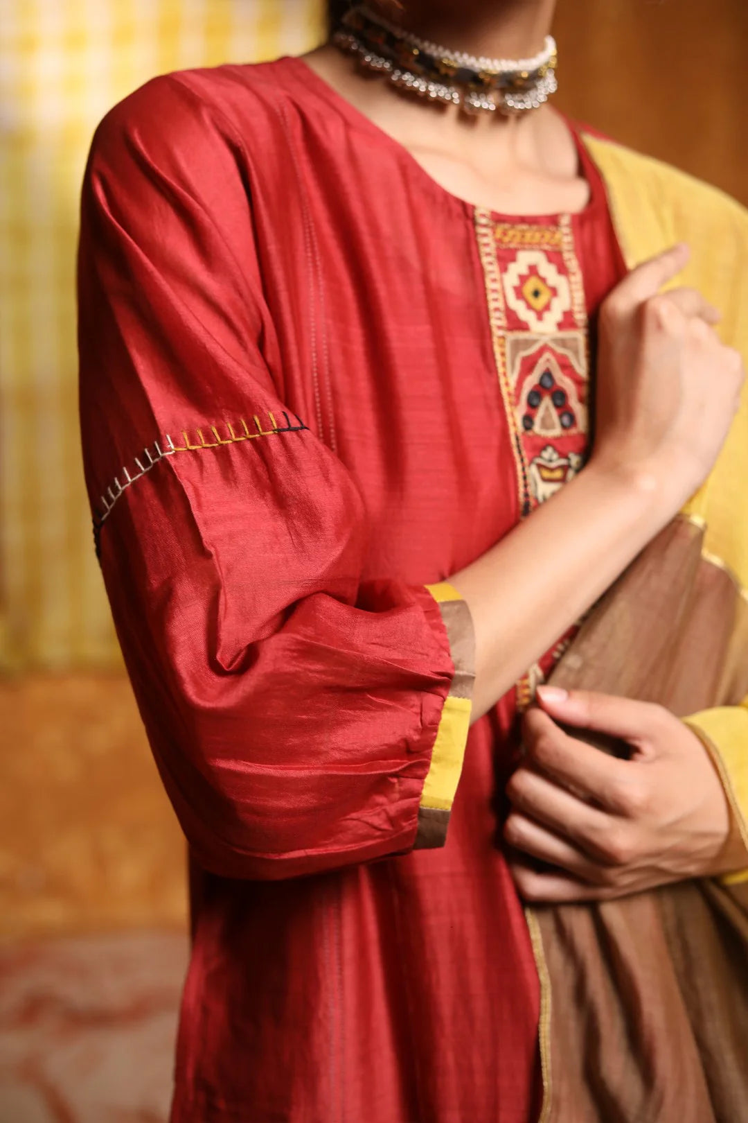 MAROON TRIBAL PLACKET KALI KURTA WITH PANTS & DUPATTA