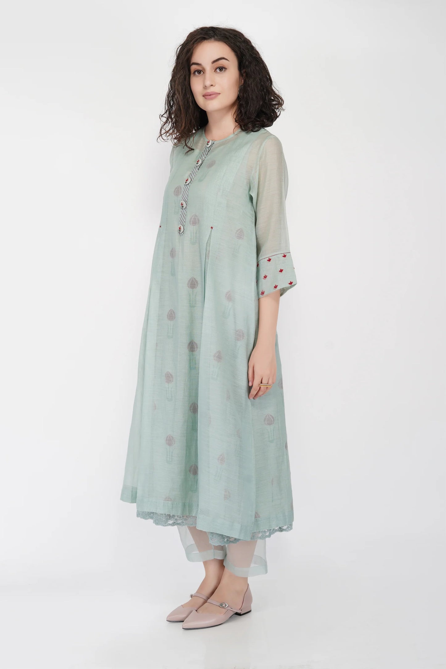 SAAWAN- SAGE GREEN BOX PLEAT WITH BUTTON EMBROIDERY
