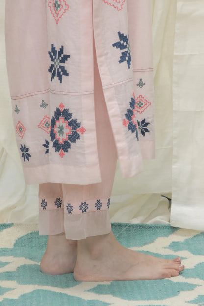 BABY PINK CHANDERI AZTEC EMBROIDERED KALI