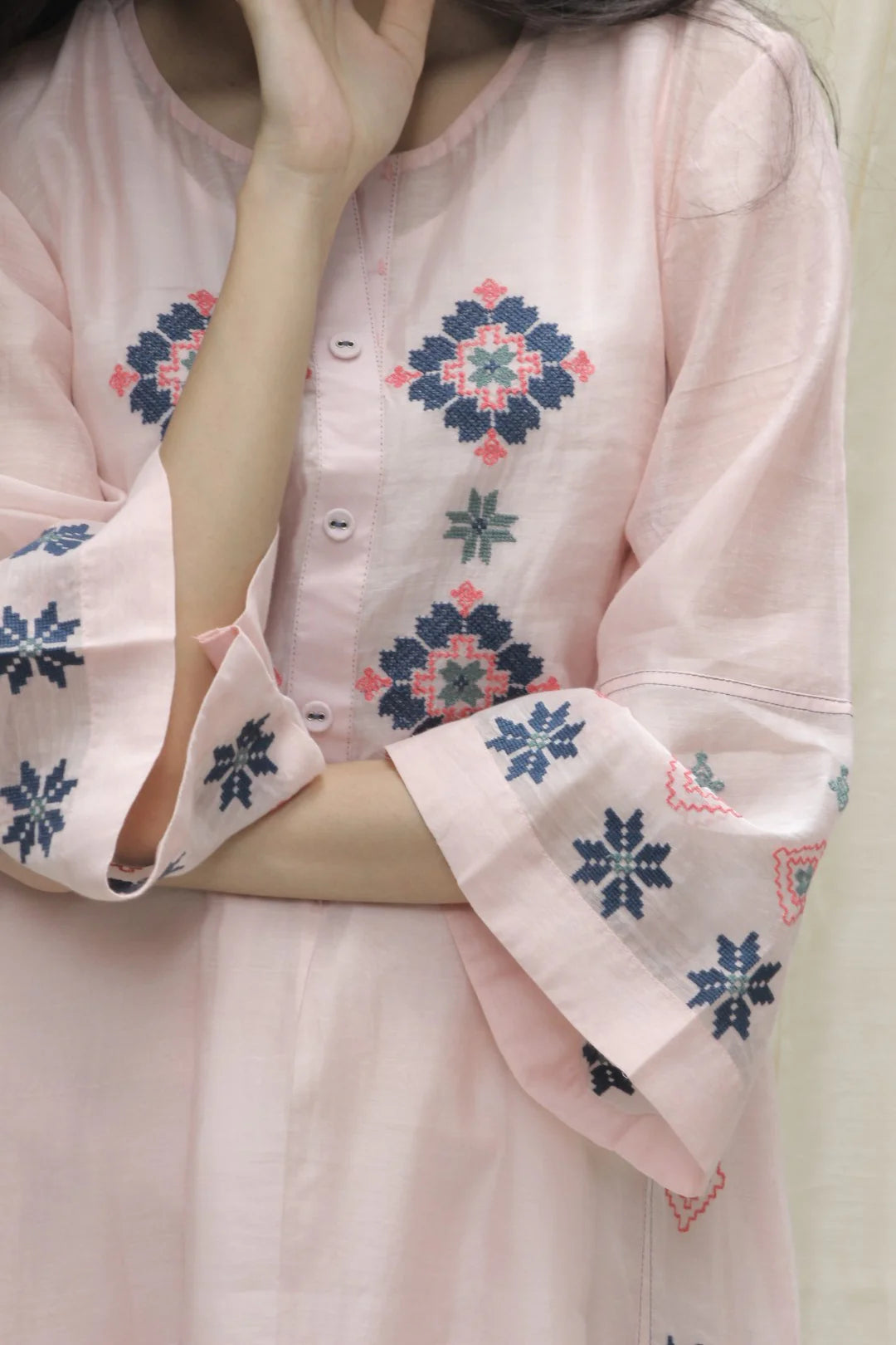 BABY PINK CHANDERI AZTEC EMBROIDERED KALI