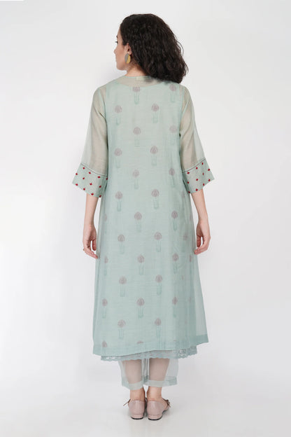 SAAWAN- SAGE GREEN BOX PLEAT WITH BUTTON EMBROIDERY