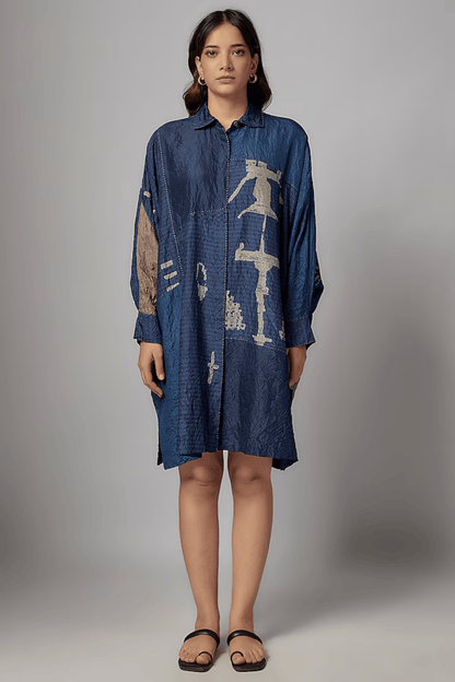 DARK INDIGO MULBERRY SILK MOROCCAN PRINTED LONG SHIRT