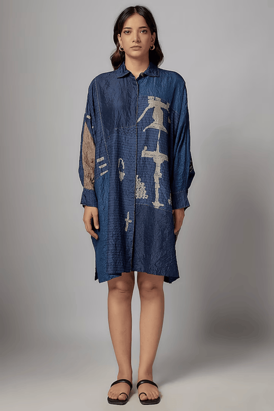 DARK INDIGO MULBERRY SILK MOROCCAN PRINTED LONG SHIRT