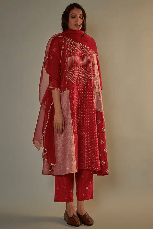 RED MULBERRY SILK HAND EMBROIDERED KURTA SET